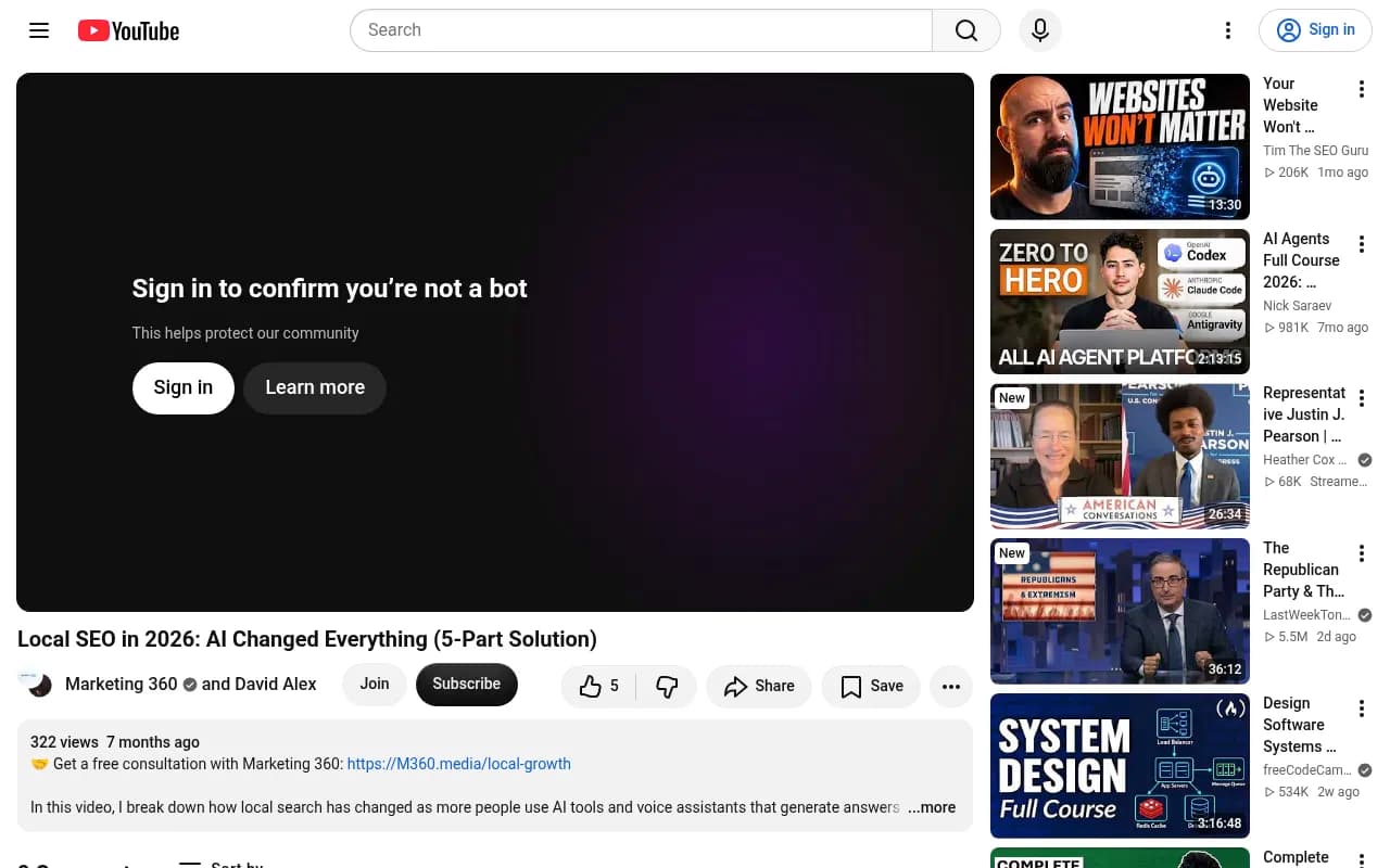 Video walkthrough of a five-part local SEO system covering listings, reviews, website content, social proof and lead tracking