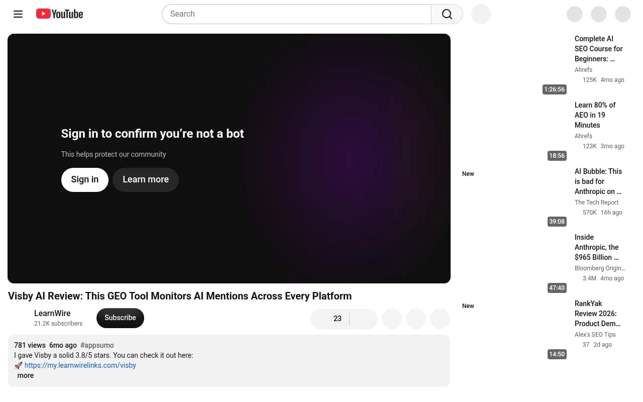 Third-party YouTube review of Visby AI showing its lifetime deal tiers and feature list