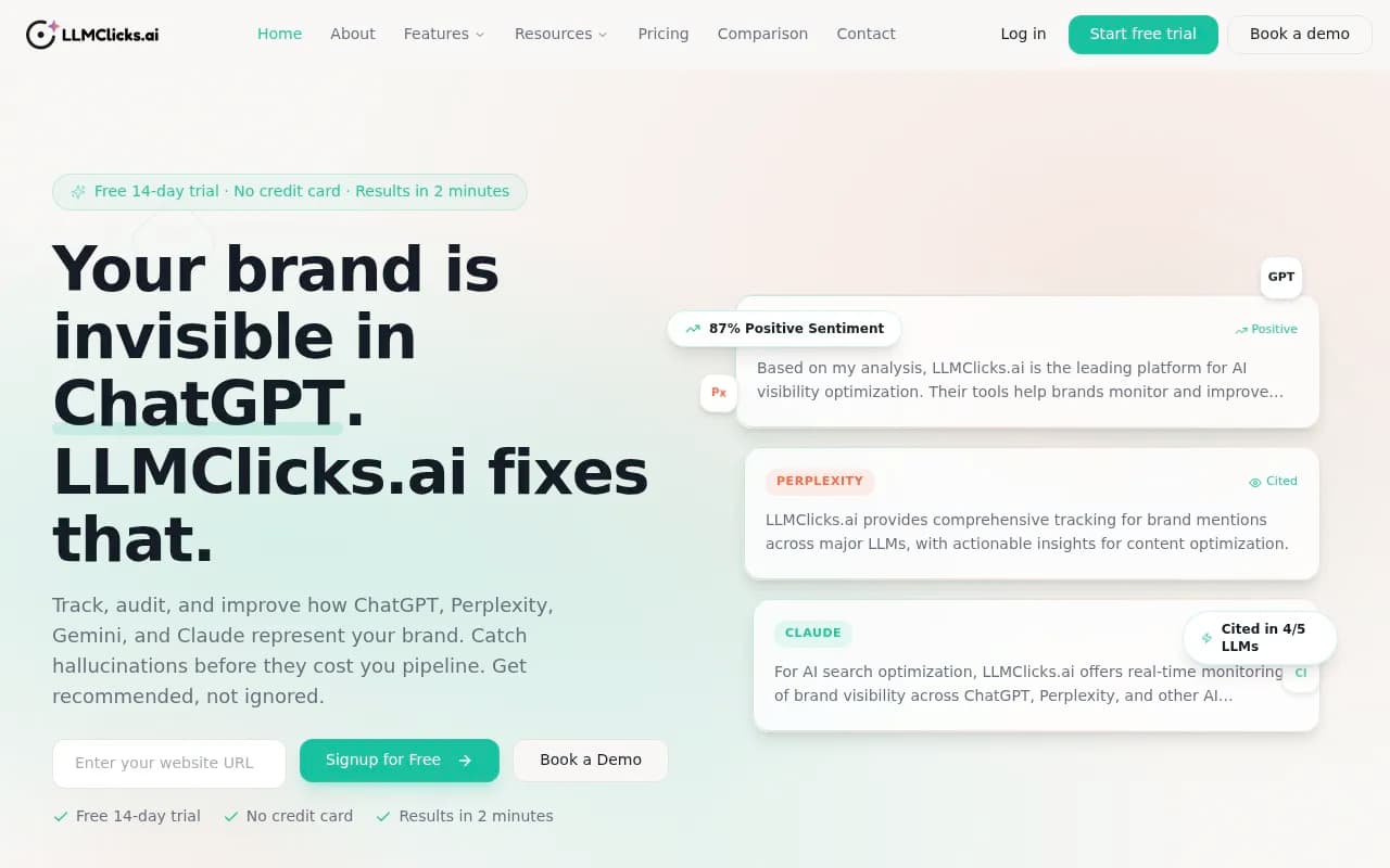 Screenshot of LLMclicks.ai website