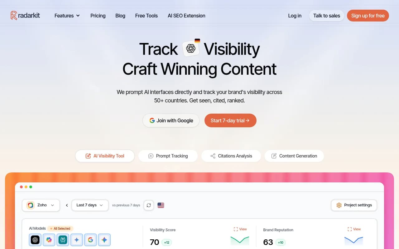 Screenshot of Radarkit website