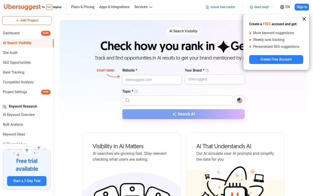 Screenshot of Ubersuggest website