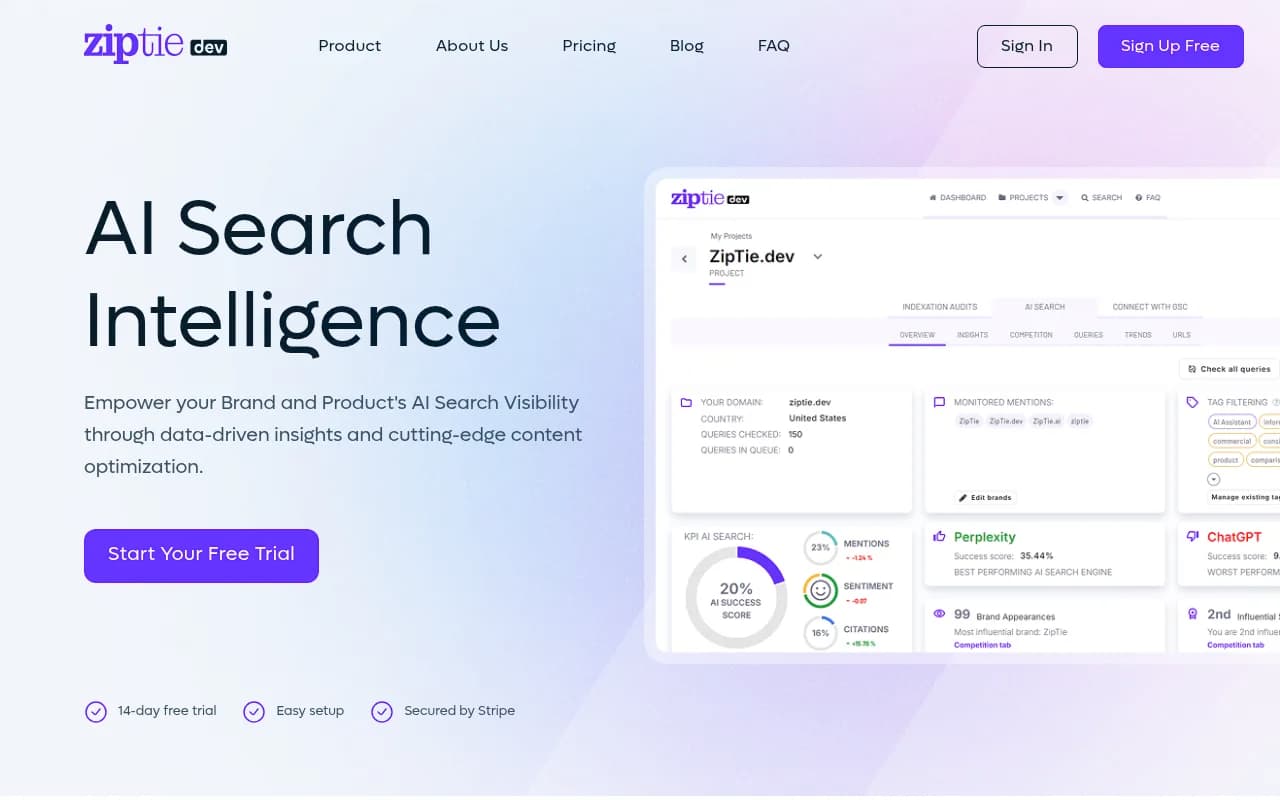 Screenshot of ZipTie website